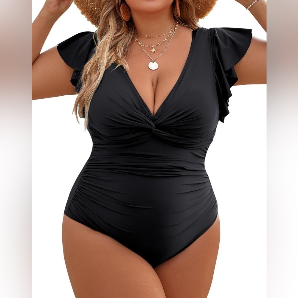 New- Tummy Control Bathing Suit Plus Size Swimsuits open Back Ruffle SwimSuit